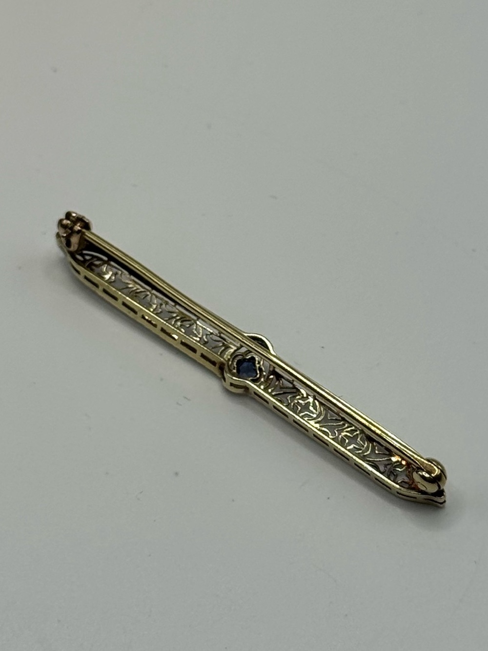 Vintage Platinum & 14k Gold Sapphire Art Deco Stick Pin Brooch - Picture 7 of 12